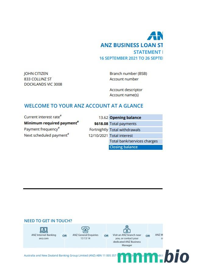 Australia ANZ dowód adresu szablon wyciągu bankowego w .xls i .format pdf, 2 strony